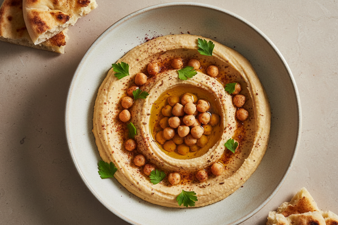 overhead shot of warm hummus in a wide ceramic bowl with the olive oil well, whole spiced chickpeas bloomed in cumin and smoked paprika, sumac dusting, torn parsley, and flatbread at the edge of frame on a warm stone surface