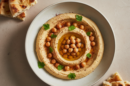 overhead shot of warm hummus in a wide ceramic bowl with the olive oil well, whole spiced chickpeas bloomed in cumin and smoked paprika, sumac dusting, torn parsley, and flatbread at the edge of frame on a warm stone surface