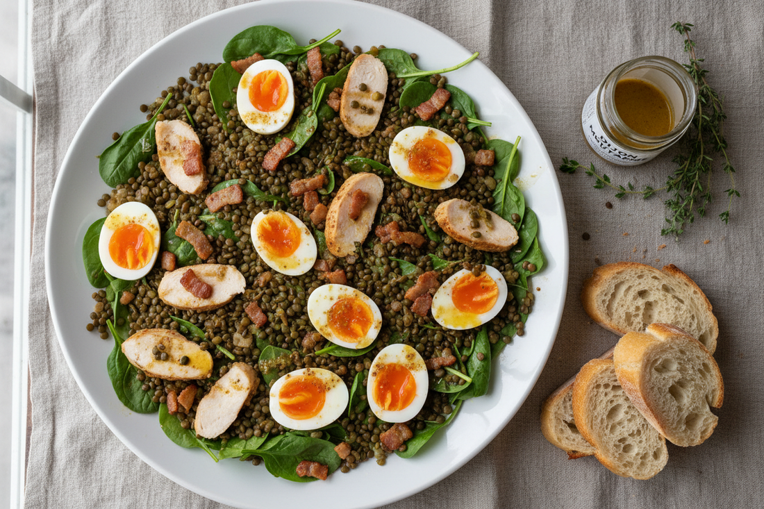 Top-down view of a warm Puy lentil salad on a white platter with golden lardons, sliced chicken, halved soft-boiled eggs, and baby spinach, drizzled with Dijon vinaigrette on linen.