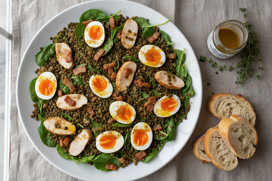 Top-down view of a warm Puy lentil salad on a white platter with golden lardons, sliced chicken, halved soft-boiled eggs, and baby spinach, drizzled with Dijon vinaigrette on linen.
