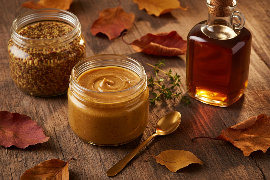 ngled view of warm maple-mustard emulsion in an open amber glass jar with a spoon, grainy whole-seed mustard, pure maple syrup, and fresh thyme on a rustic wooden surface