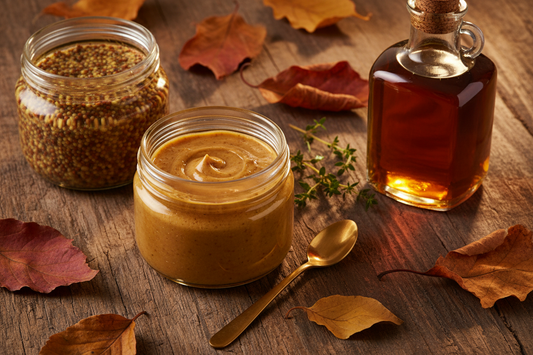 ngled view of warm maple-mustard emulsion in an open amber glass jar with a spoon, grainy whole-seed mustard, pure maple syrup, and fresh thyme on a rustic wooden surface