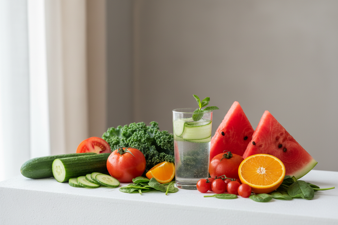 Fresh water-rich vegetables and fruits including cucumbers, leafy greens, tomatoes, and watermelon arranged with a glass of infused water, illustrating hydration through whole foods