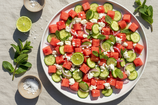 Overhead view of a watermelon, cucumber and feta salad on a white ceramic platter, garnished with fresh mint, red onion, and a drizzle of olive oil, styled on a linen cloth with lime and sea salt.