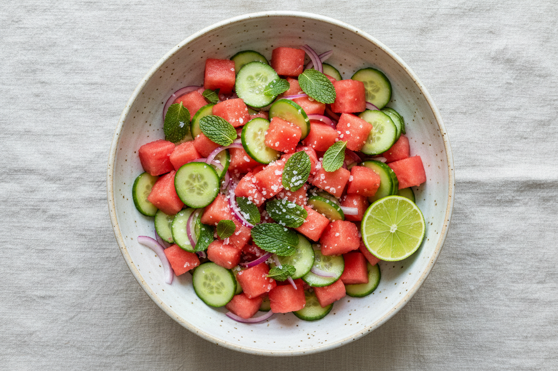 Overhead flat lay of a watermelon cucumber mint salad in a ceramic bowl with lime wedge, fresh mint, and flaky sea salt on a linen surface.