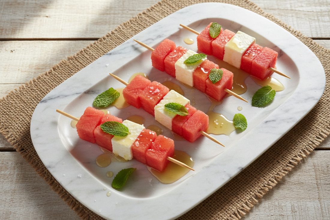 Watermelon and feta skewers on a white marble platter, drizzled with honey and lime, garnished with fresh mint leaves and flaky sea salt.