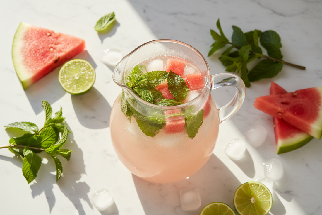 Overhead view of a pitcher of watermelon mint agua fresca on a white marble surface, surrounded by fresh watermelon slices, mint sprigs, lime halves, and ice cubes in soft summer light.