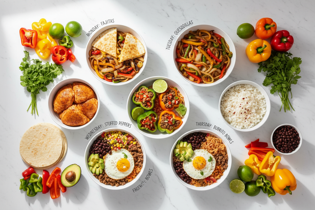 Overhead view of Tex-Mex ingredients and five prepared meals including fajitas, quesadillas, stuffed peppers, burrito bowls, and huevos rancheros for weekly meal planning
