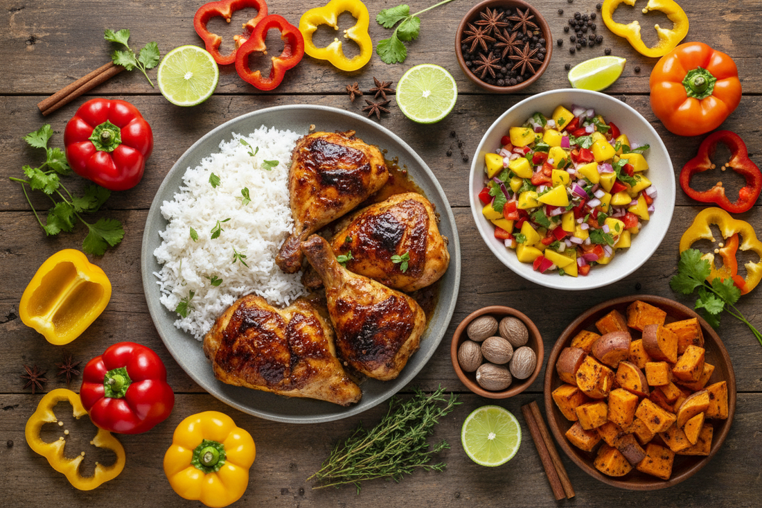 an overhead view of vibrant Caribbean ingredients and prepared meals including jerk chicken, coconut rice, fresh mango salsa, colorful bell peppers, sweet potatoes, and tropical spices