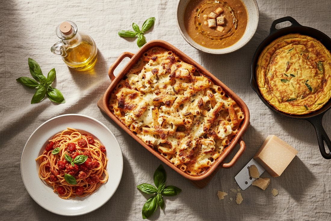 A top-down spread of Italian comfort meals — a golden ricotta pasta bake, ribollita, cherry tomato sausage spaghetti, and a Parmesan frittata in a cast iron skillet, styled with fresh basil, Parmesan, and olive oil on a linen tablecloth.