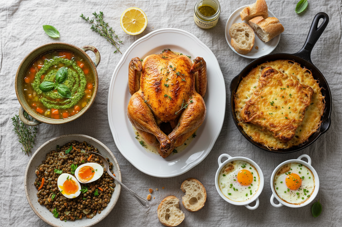 Top-down flat-lay of a French bistro dinner spread — roast chicken, soupe au pistou, warm lentil salad with soft-boiled eggs, croque monsieur skillet bake, and oeufs en cocotte in ramekins, styled with thyme, Dijon, and baguette on linen