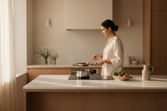 A person cooking in a calm, minimal kitchen with warm natural light and clean wood surfaces.