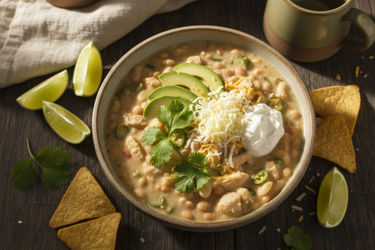 Bowl of creamy white chicken chili topped with fresh coriander, sliced avocado, shredded cheese, and sour cream with lime wedges and tortilla chips