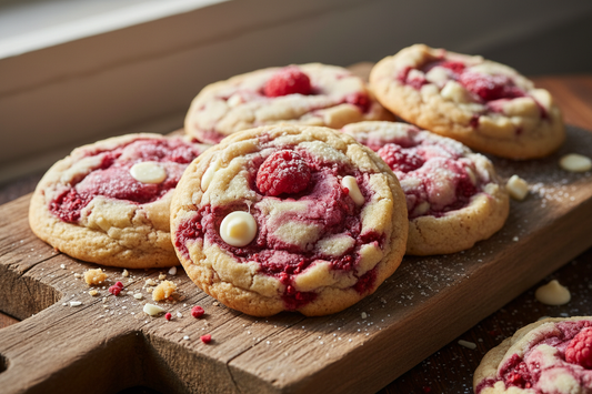 Soft and chewy white chocolate raspberry cookies with visible white chocolate chips and pink raspberry swirls on a rustic wooden board