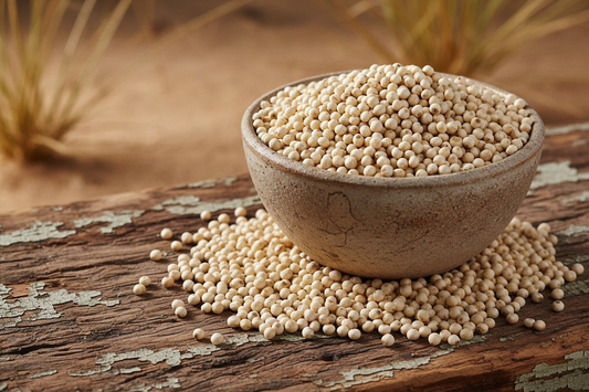 Whole white sorghum grains in rustic ceramic bowl on weathered wood showing pearl-like round grains