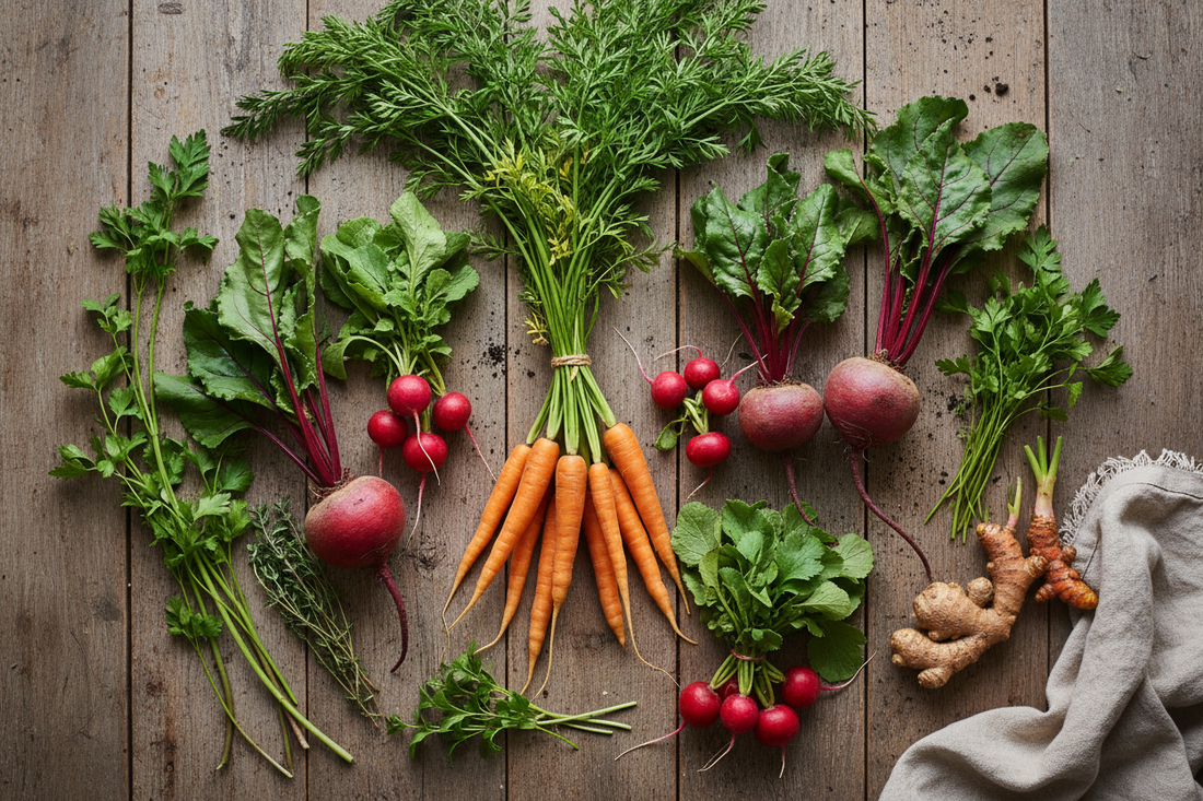 Whole vegetables with tops and greens intact including carrots with leafy tops, beets with greens, and radishes with leaves, demonstrating root-to-stem cooking concept