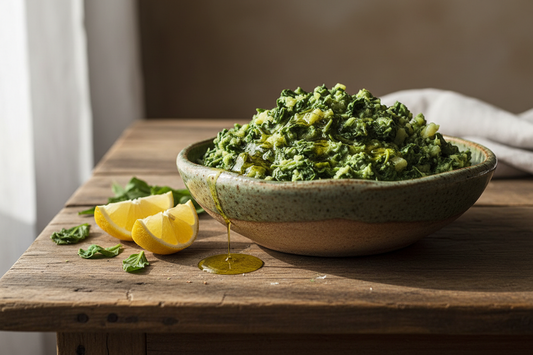 Rustic bowl of wild greens and potato mash (panti-horta) drizzled with olive oil and served with fresh lemon wedges on a wooden table