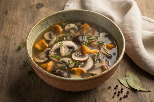 Bowl of wild mushroom soup with sliced mushrooms in light broth garnished with fresh herbs
