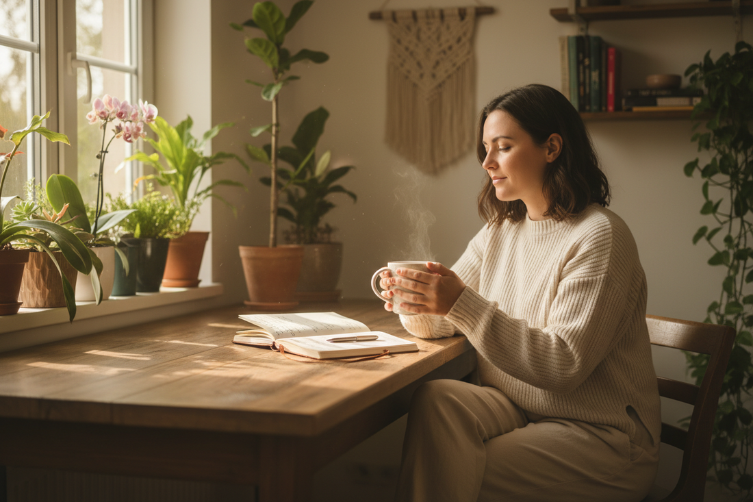 Woman sitting peacefully at kitchen table with herbal tea and journal, practising mindful self-reflection