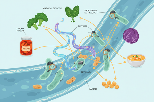 Scientific illustration of gut microbiome bacteria as chemical detectives sensing molecular signals like short-chain fatty acids,