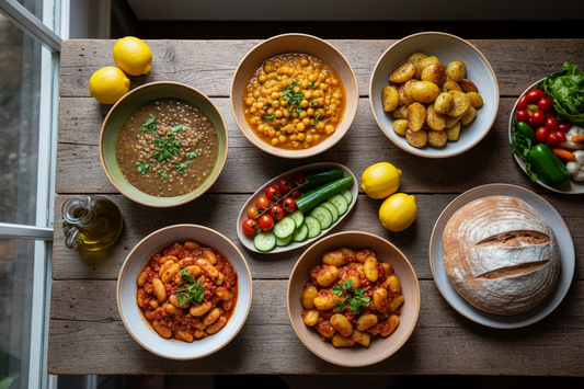 Ikarian Blue Zone 7-day meal plan flat lay with bowls of lentil soup, chickpea stew, giant beans, roasted potatoes, fresh vegetables, olive oil, lemons, and crusty bread on rustic wooden table