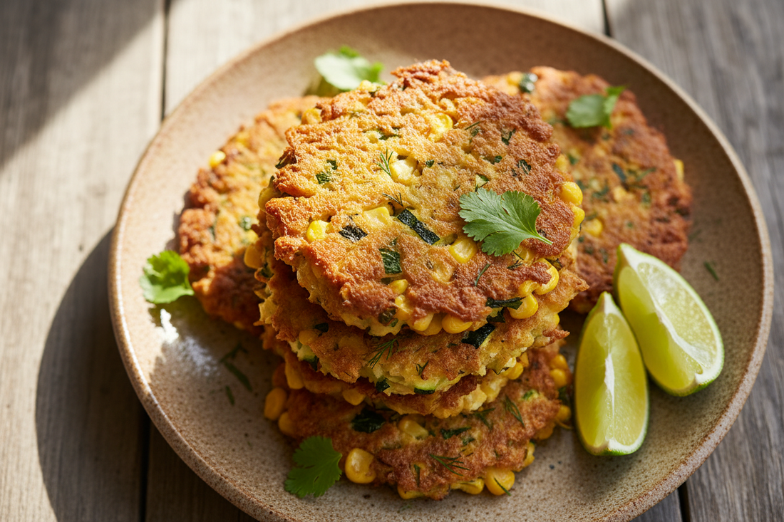 Golden-brown oven-baked zucchini and corn fritters on a rustic plate with visible corn kernels, green zucchini flecks, fresh cilantro,